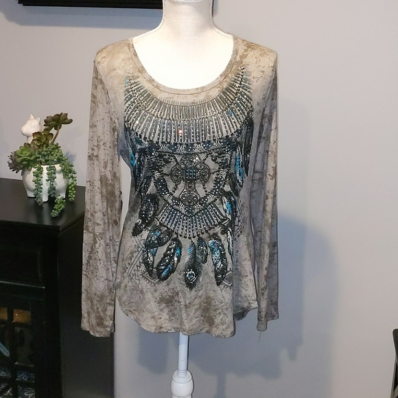 Vocal Tops - Vocal embellished top taupe/blue feathers, cross and slits on back size medium